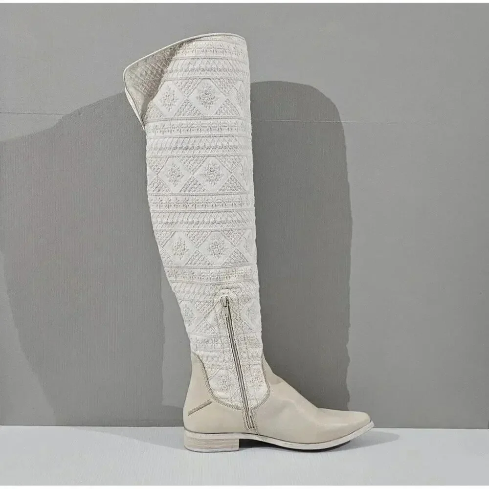 Free People Bren Knee High Boot Women EU 38.5 Cream Embroidered Boho Slouchy NEW